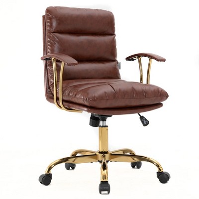 Walnut Brown Leather Executive Swivel Office Chair with Gold Base