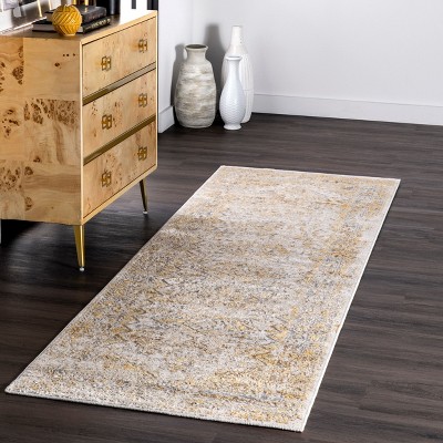 Gold and Ivory Synthetic Medallion Runner Rug, 2'6" x 10'