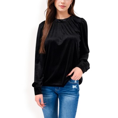 Anna-Kaci Women's Velvet Long Sleeve Top with Puff Shoulders
