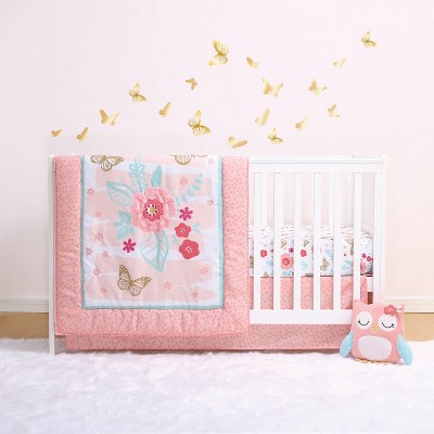 The Peanutshell Aflutter Baby Crib Bedding Set, Pink Floral/Butterfly - 3pc