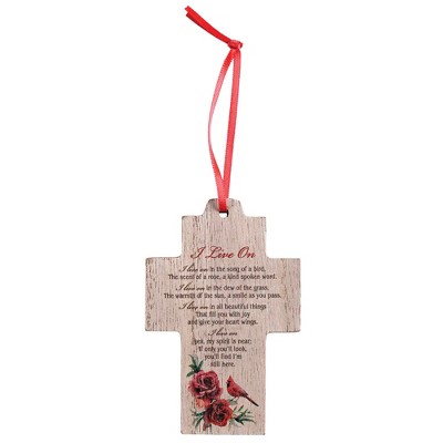 Dicksons Cardinal Roses Cross - I Live On, Brown/Red Small MDF Wood Decorative Hanging Ornament