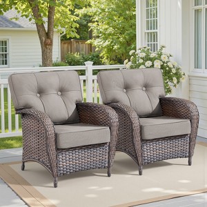 Buenhomino High Back Patio Chairs Set of 2 - Brown Wicker Chairs Outdoor Seating, Armrests Rattan Outdoor Club Chairs with 5" Removable Cushion - 1 of 4