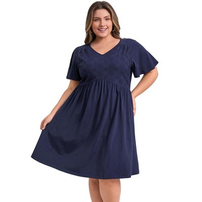GRACE & GRANDEUR Women's Plus Size V Neck Ruffle Sleeve High Waist Front Embroidered A Line Dresses