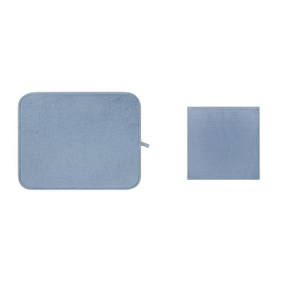 LunaLulinlk Blue Polyester Dish Dry Mat & Blue Cotton Dishcloth 2 Piece Set