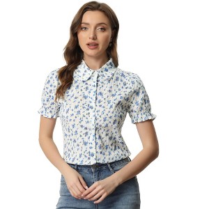 INSPIRE CHIC Women's Peter Pan Frilled Short Sleeve Floral Cotton Top - 1 of 4