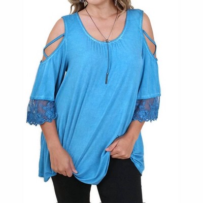 Women's Washed Cold Shoulder Lace Trim Top - umgee