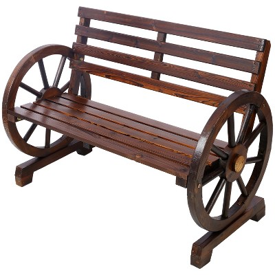 Dracelo Double wooden wagon wheel bench, rustic design with slatted seat and backrest - brown