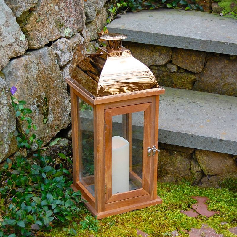 Wooden LED Lantern with Copper Roof and Battery Operated Candle Brown - LumaBase, 5 of 8