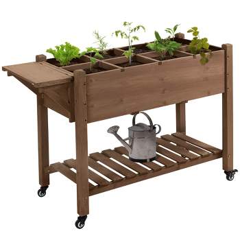 Outsunny 49'' x 21'' x 34'' Raised Garden Bed w/ 8 Grow Grids, Outdoor Wood Plant Box Stand w/ Storage Shelf and Lockable Wheels for Vegetable Flower
