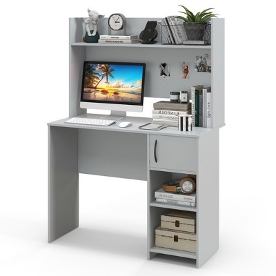 Tangkula Computer Desk Home Office Desk w/ Raised Display Shelf & 2 Open Shelves Gray