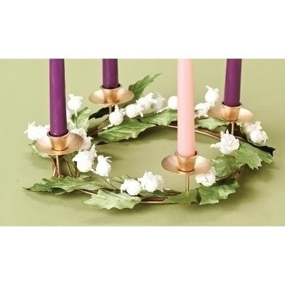 Roman 11.5" White Glittered Berry and Green Leaf Christmas Advent Wreath Taper Candle Holder