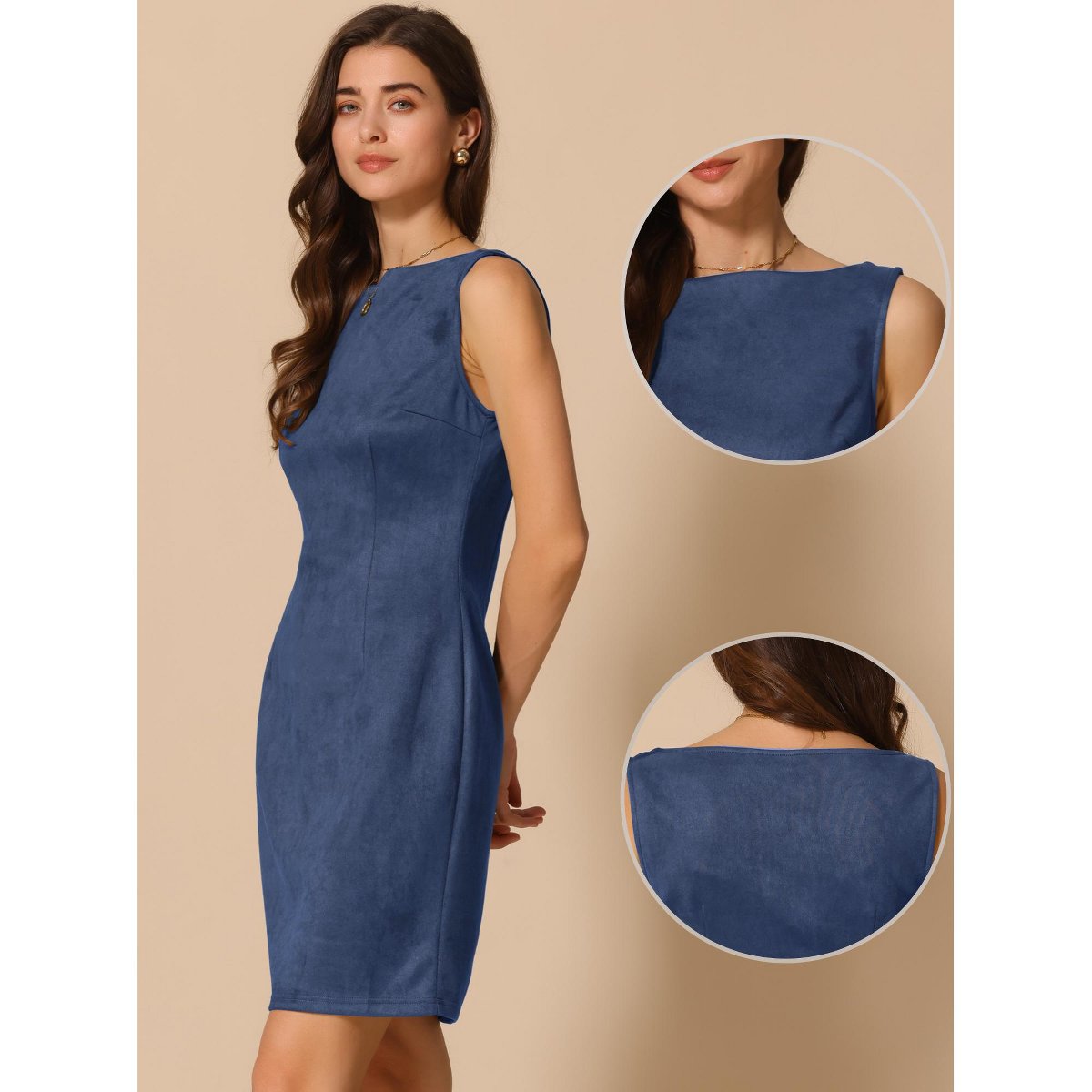 Женские платья INSPIRE CHIC Women's Faux Suede Boat Neck Sleeveless Sheath Dress Small Dark Blue — фото 2