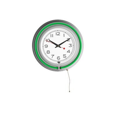 Hastings Home 14" Round Neon Analog Wall Clock with Double Light Ring for Bar, Garage, or Game Room - Green