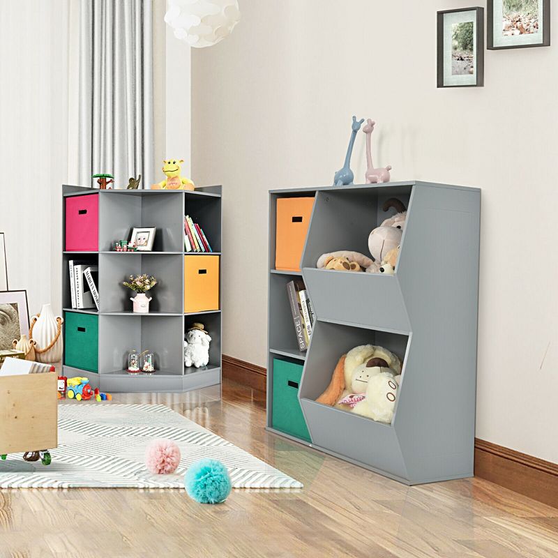 Costway 3-Tier Kid Storage Shelf Cubes w/3 Baskets Corner Cabinet Organizer Gray, 4 of 11