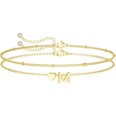 Dainty Initial Heart Gold Bracelets for Women Trendy, 14K Real Gold Letter Charm Bracelet Jewelry