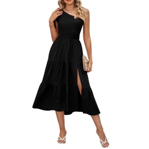 Clearlove Womens Dress One Shoulder Smocked Tiered Split Hem Sleeveless Midi Dress - 1 of 4