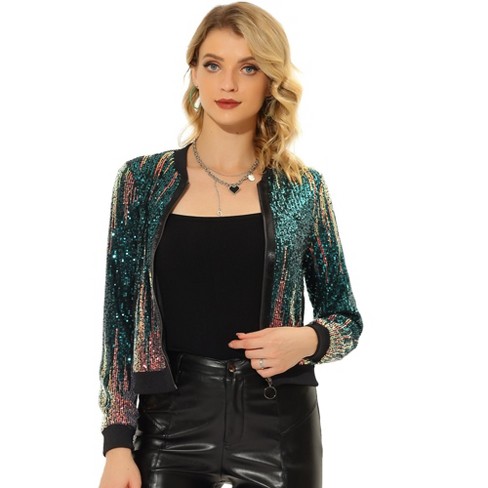Allegra K Women's Sequin Jacket Long Sleeve Zipper Ombre Sparkle