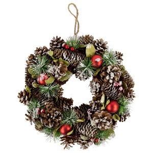 Northlight Red Ornament with Frosted Pinecone and Pine Needle Christmas Wreath, 13.5-Inch, Unlit - 1 of 3