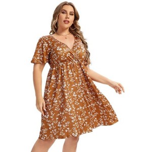 Coolmee Women's Plus Size Floral Midi Dress Wrap V Neck Ruffle Short Sleeve A Line Casual Dress - 1 of 4