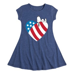Girls' - Peanuts - Snoopy On Flag Heart Fit & Flair Cap Sleeve Dress - 1 of 4