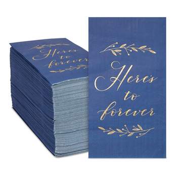 Sparkle and Bash 100 Pack Navy Blue Napkins for Wedding Reception with Gold Foil, Here's To Forever, 3-Ply, 4 x 8 In