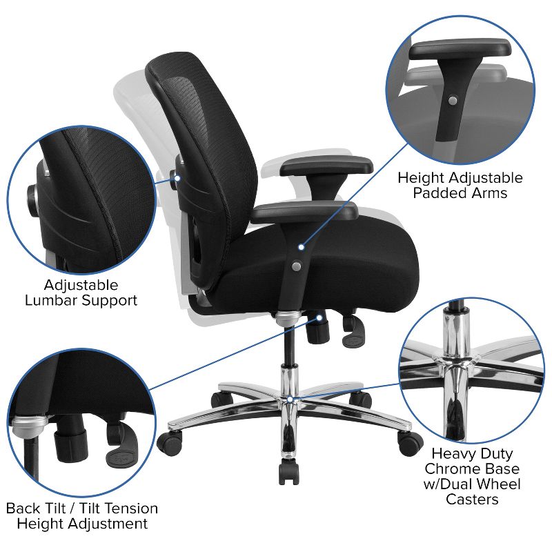 Flash Furniture HERCULES Series 24/7 Intensive Use Big & Tall 500 lb. Rated Black Mesh Executive Ergonomic Office Chair with Ratchet Back, 4 of 14