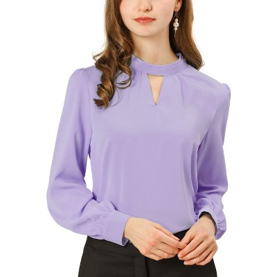 INSPIRE CHIC Women's Office Keyhole Elegant Stand Collar Long Sleeve Back Neck Button Blouse