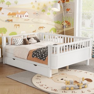 SeaCamel Twin Size Wood Platform Bed for Kids - Low Profile Design with Safety Rails, White - 1 of 4