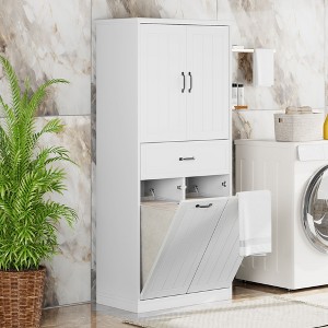 Bathroom Storage Cabinet with Two Laundry Baskets, Storage Cabinet with Doors and Drawer for Home, White - 1 of 4