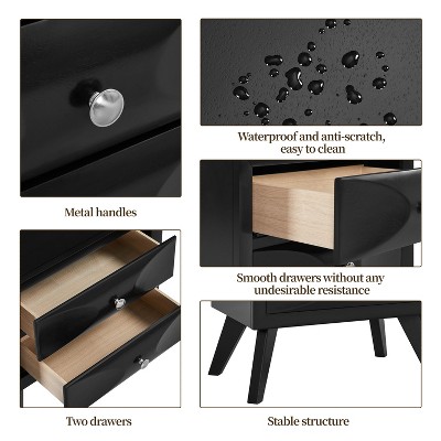 Black Rubberwood Modern 2-Drawer Nightstand