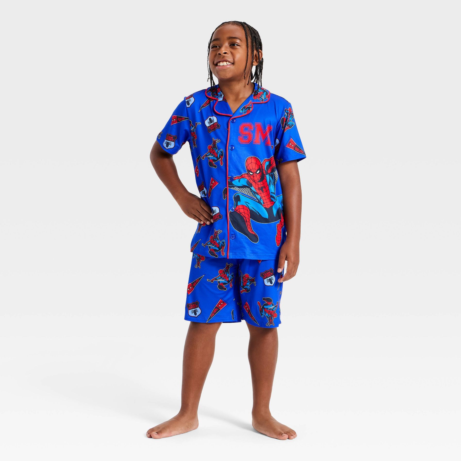Boys' 2pc Spider-Man Button-Down Pajama Set - Blue XS