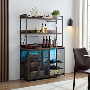 Coffee Bar Cabinet With Power Outlet, Industrial Buffet Cabinet With LED Strip And Glass Holder, 3-Tiers Wine Cabinet Bar For Home Dining Room Kitchen - 1 of 4