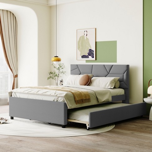 Full Size Upholstered Platform Bed With Brick Pattern Headboard And ...