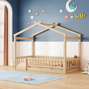 CAVINAS Twin Size Wood Montessori Bed,Modern Floor Bed with House Shaped Frame and Safety Fence,Toddler Bed for Bedroom,Natural - 1 of 4
