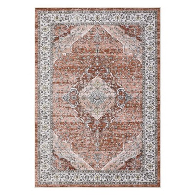 Washable Vintage Medallion Rug Non Slip Low Pile Rug Soft Throw Floor Cover Foldable Indoor Carpet for Living Room Bedroom,Orange Pink/8'x10'