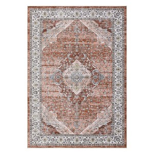 Washable Vintage Medallion Rug Non Slip Low Pile Rug Soft Throw Floor Cover Foldable Indoor Carpet for Living Room Bedroom,Orange Pink/8'x10' - 1 of 4