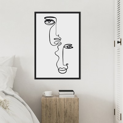 Faces 2 Black Line Abstract Canvas Art in Black Frame