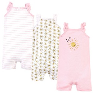 Hudson Baby Infant Girl Cotton Rompers 3pk, Smile Sunshine - 1 of 4