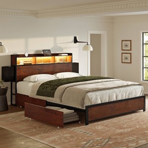 WOWLIVE Full/Queen/King Size Platform Bed Frame with Bookcase Headboard & Storage Drawers, Metal Bed frame with LED Light and Charging Station - 1 of 4