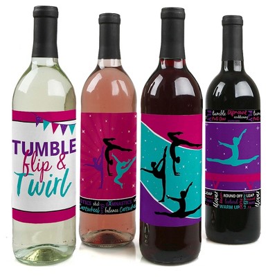 Big Dot of Happiness Tumble, Flip & Twirl - Gymnastics Decorations for Women and Men - Gymnast Party Wine Bottle Label Stickers - Set of 4