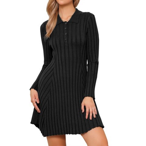 Женские платья INSPIRE CHIC Women's Pleated Button Front Casual Long Sleeve Knit Shirt Sweater Dress Black X-Large