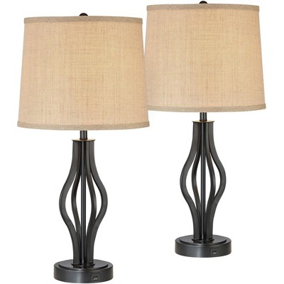 360 Lighting Modern Table Lamps Set of 2 with Hotel Style USB Charging Port Iron Bronze Drum Shade for Living Room Family Bedroom Office