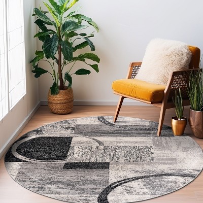 Cream and Gray Abstract Round Synthetic Area Rug