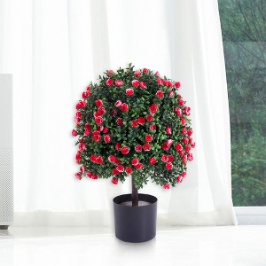 Artificial Rose Topiary Ball Tree, 21.65" Faux Potted Tree, Artificial Boxwood Topiary Ball Tree with Flowers,Outdoor Faux Potted Plants - 1 of 4