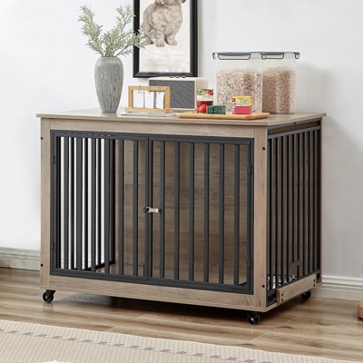 Wood Dog Crate Furniture£¬Kennel with Pull-Out Bowls£¬Indoor Pet House with Wheels & Flip-Top