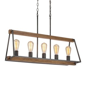 LNC Martin 5-Light 30.5" Farmhouse Rectangle Oversized Chandelier, Antique Brown Wood Grain and Brushed Gray - 1 of 4