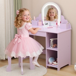 Girls Vanity Set with Chair and Lighted Mirror - Kids Makeup Vanity for Ages 3-9, Sturdy Engineered Wood Vanity Table with Storage, 3 Lighting Modes - 1 of 4