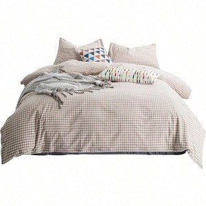 Tan Gingham Duvet Cover Queen, 100 Washed Cotton Beige Plaid Set with 2 Pillowcases - 1 of 4