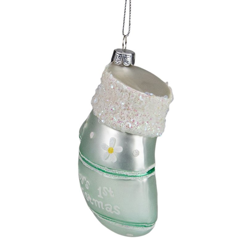 Northlight 4" Baby's 1st Christmas Mint Green Glass Mitten Holiday Ornament, 5 of 6