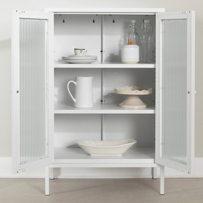 White Metal Storage Cabinet with Fluted Glass Doors